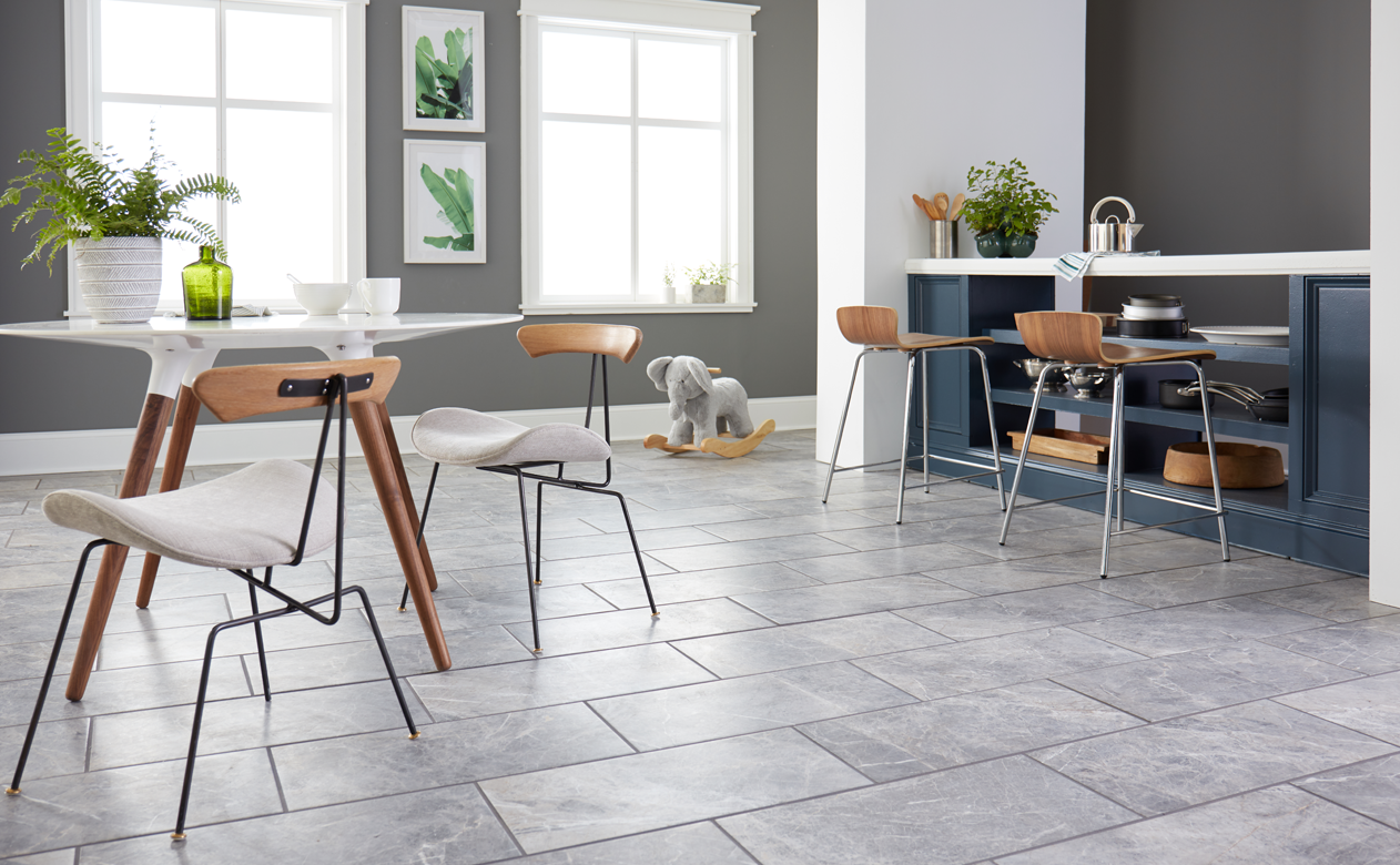 Slate tile floor with casual counter seating. 
